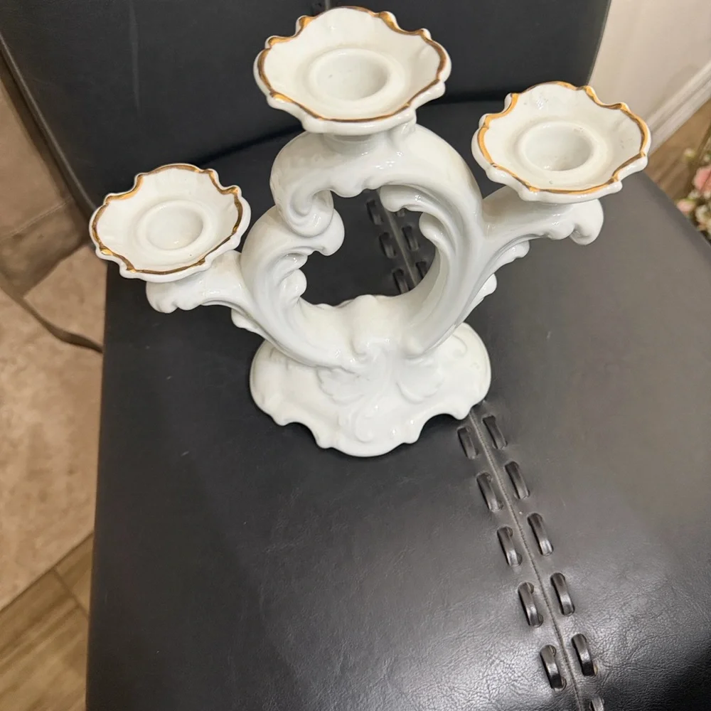 Vintage Porcelain White Candle Holder with Gold accents